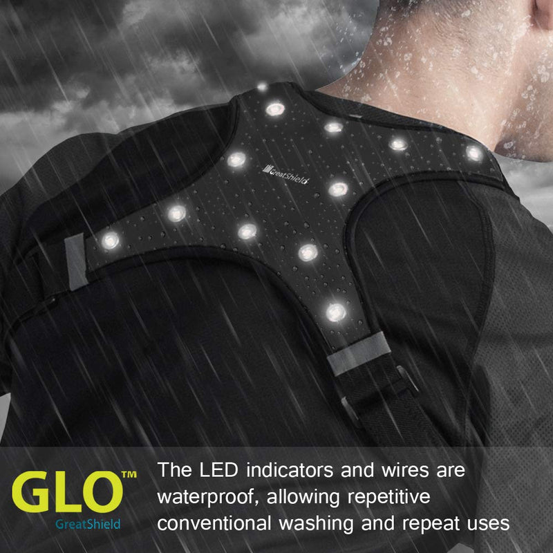 [AUSTRALIA] - GreatShield GLO Running Vest with LED Lights, Lightweight Reflective Safety Vest with Phone Holder Pocket, Weatherproof Gear for Night Cycling Walking Bicycle Jogging Hiking Black - Meduim 