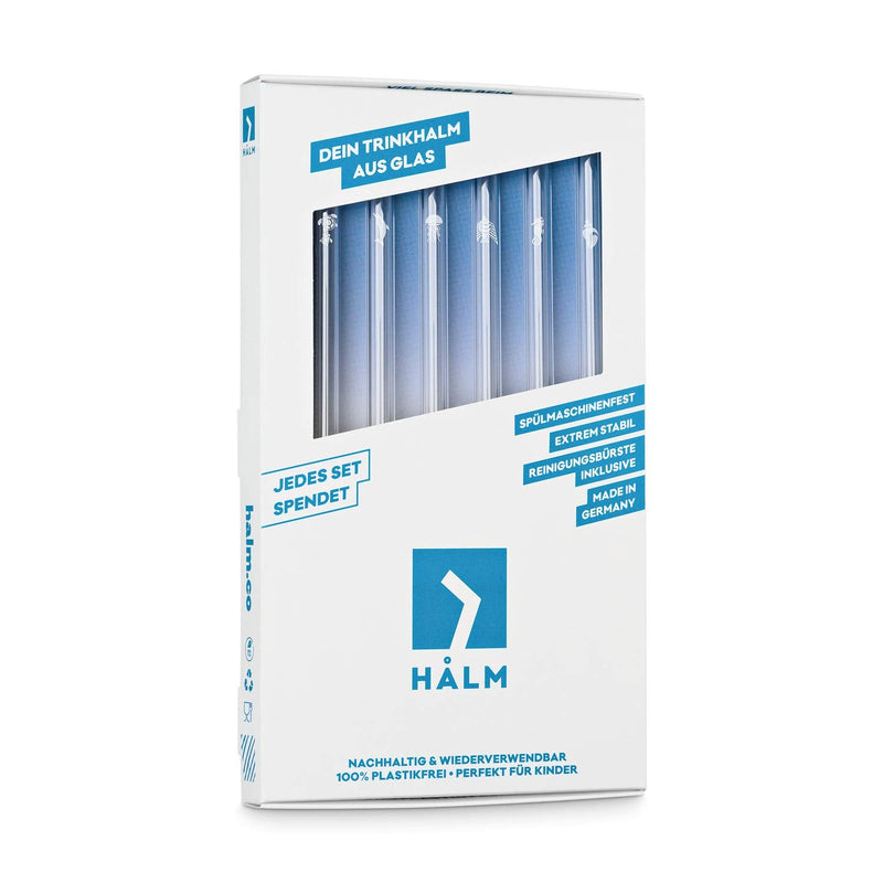 HALM Glass Straws - Sea Life Charity Edition - 6x 8 inch Reusable Drinking Straws with Ocean Animals - Cute Design - Dishwasher Safe - Eco-Friendly - Perfect for Smoothies - Made in Germany - BeesActive Australia