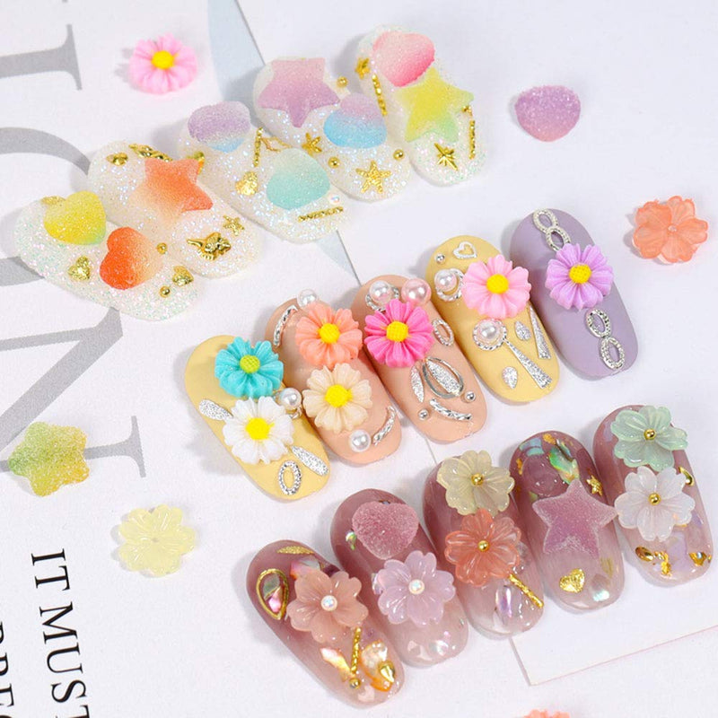 60pcs Flower Nail Charm Heart Jelly Nail Art Decal Supplies 3D Heart Sweet Candy Gradient Colorful Designs Resin Nail Art Jewelry Manicure Accessories for Women Tips Decoration B - BeesActive Australia