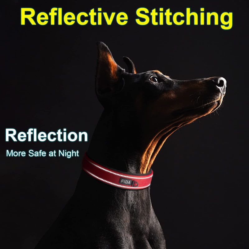 Fida Heavy Duty Dog Collar, Ultra Comfortable Soft Neoprene Padded, Adjustable Reflective Nylon Pet Collar with Durable Metal Belt Buckle for Small/Medium/Large/X-Large Breeds Medium(14.5"-19") Red - BeesActive Australia
