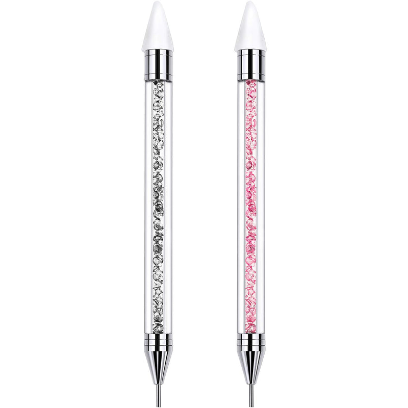 Tatuo 2 Pieces Rhinestone Picker Dotting Pen, Dual-ended Rhinestone Gems Crystals Studs Picker Wax Pencil Pen Crystal Beads Handle Manicure Nail Art DIY Decoration Tool (2 Packs, White Pink with Metal - BeesActive Australia