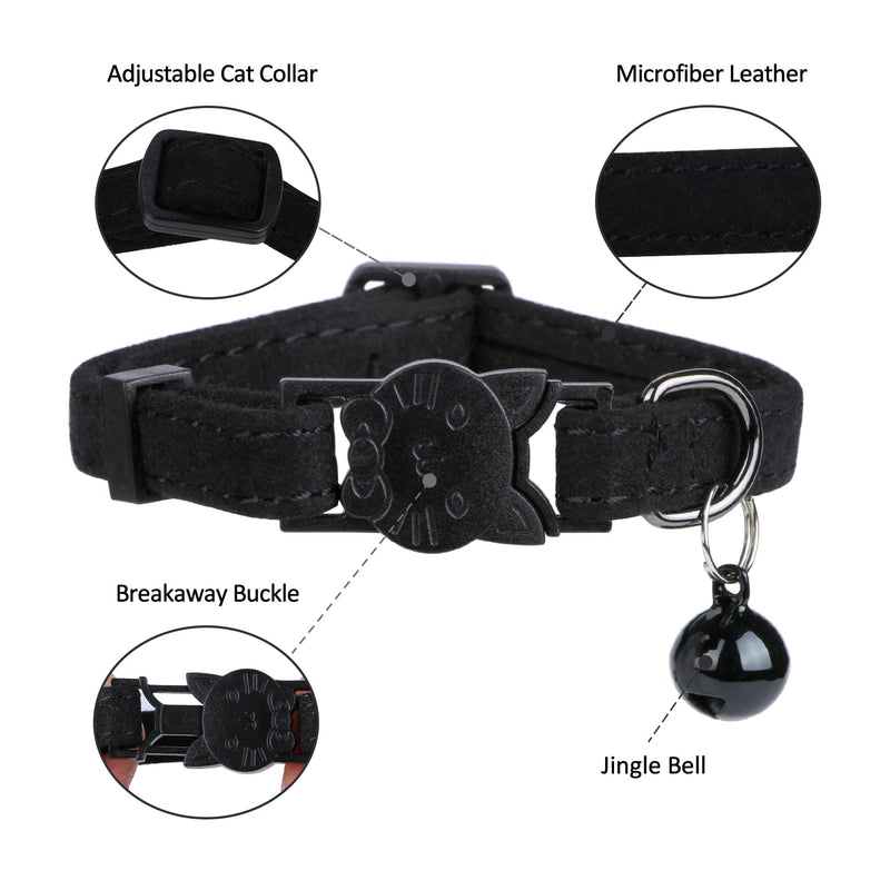 Faleela Soft Microfiber Leather Cat Collar,Breakaway Collar with Bell, Adjustable for Cats and Puppy Girl Boy 7.5"-11" Black - BeesActive Australia