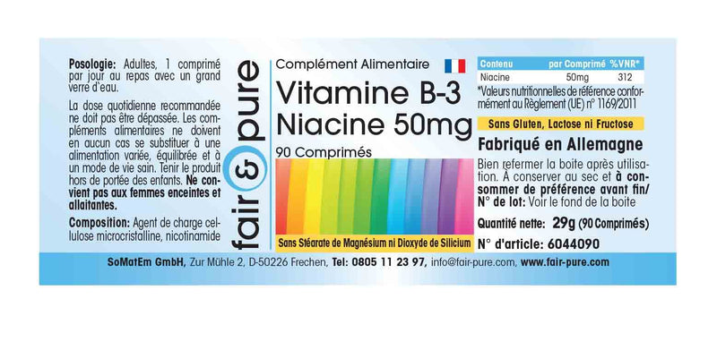 Fair & Pure� - Vitamin B3 Niacin 50mg, nicotinamide, Vegan, Without Magnesium Stearate, 90 niacin Tablets - BeesActive Australia