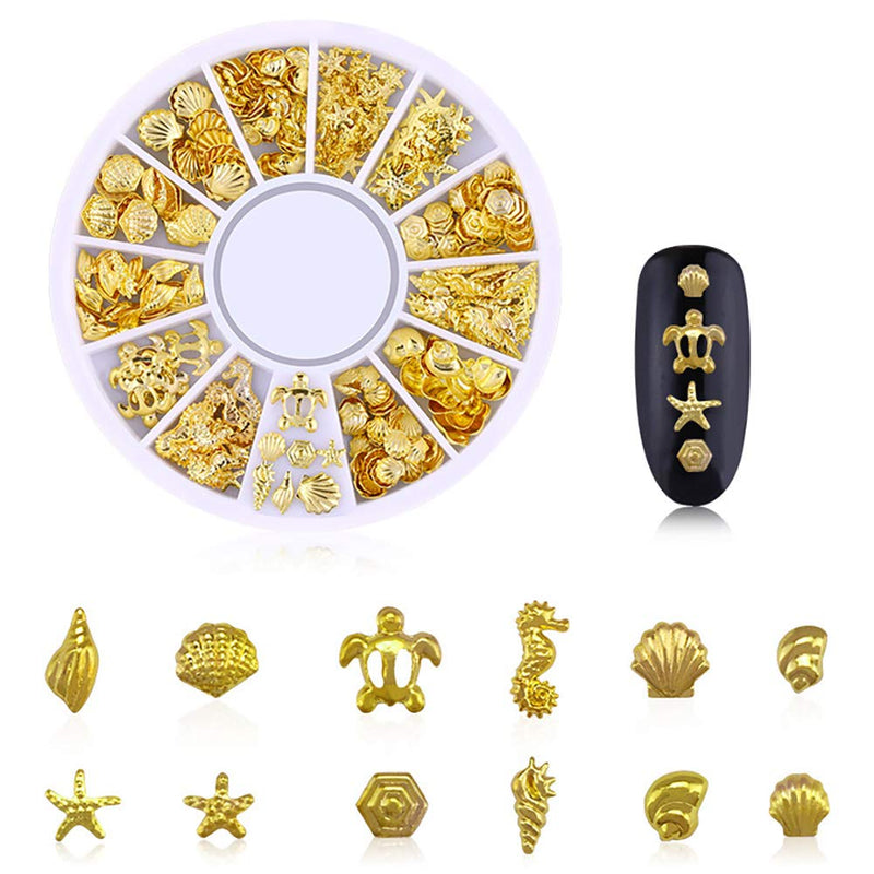 DANNEASY 6 Wheels 3D Gold Nail Studs Metal Nail Charms Nail Art Rivets Manicure Decoration Kit Star Moon Shell Cross Flower With 1Pc Curved Tweezers And Wax Pen Kit 1 - BeesActive Australia