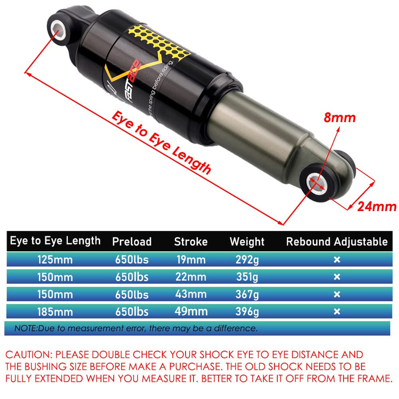 JFOYH MTB Rear Shocks Bicycle Coil Spring Shock Absorber For MTB/E-Bike/Snow Bike/Scooter, 125mm/150mm/165mm/185mm x 650LBS - 125mm x 19mm Eye to Eye 125mm, 650lbs - BeesActive Australia