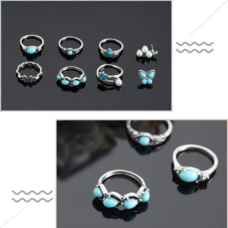 Edary Boho Turquoises Rings Set Silver Knuckle Rings Pearl Stud Earrings for Women and Girls.(8PCS) - BeesActive Australia