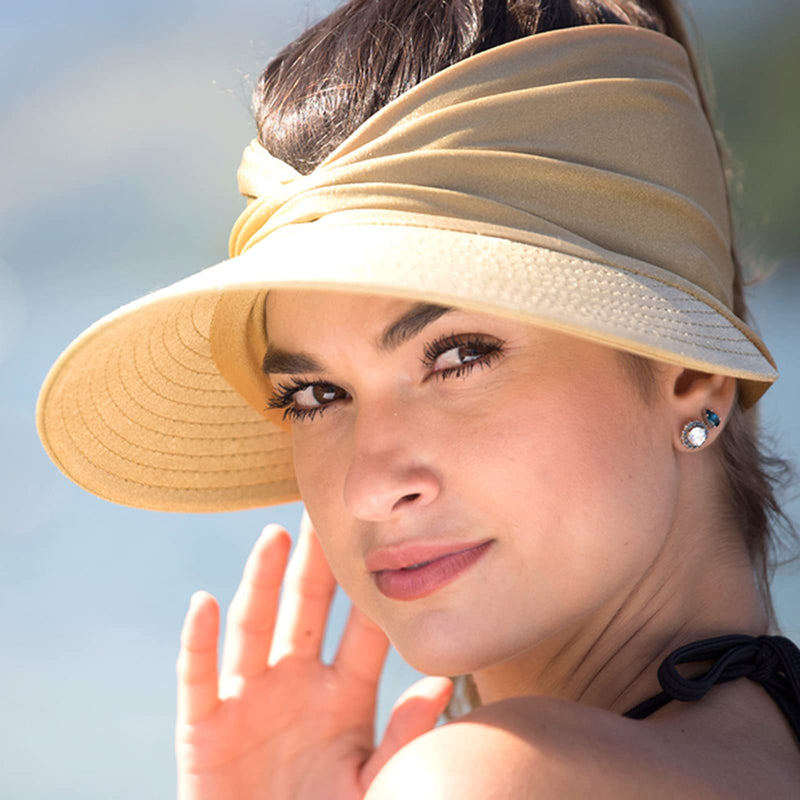 Muryobao Womens Sun Visor Hat Wide Brim Summer UPF 50+ UV Protection Beach Sport Cap Beige - BeesActive Australia