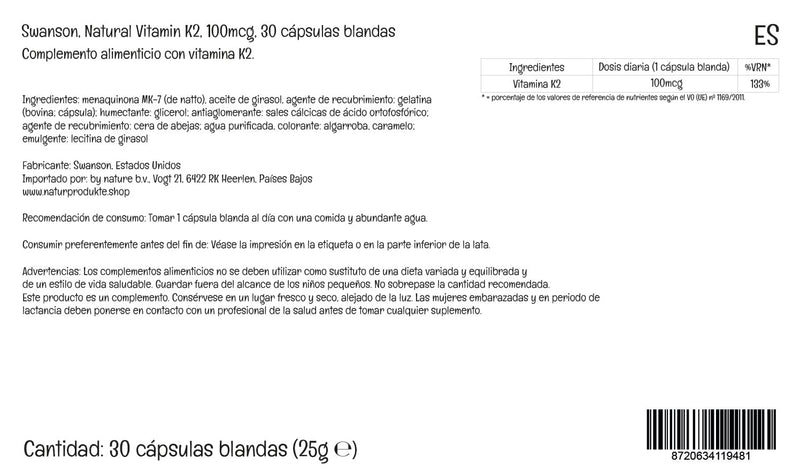 Swanson, Vitamin K2 (Menaquinone MK-7), 100mcg, 30 Softgels, Highly Dosed, Lab-Tested, SOYA Free, Gluten Free, Non-GMO - BeesActive Australia