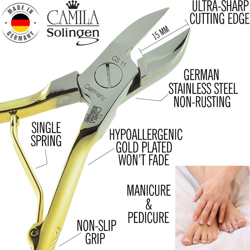 Camila Solingen CS11 Professional 4" Fingernail Toenail Nipper/Clipper/Cutter for Manicure/Pedicure. Heavy Duty Precision Super Sharp Curved Stainless Steel 15mm Blade from Solingen Germany (Gold) Gold - BeesActive Australia