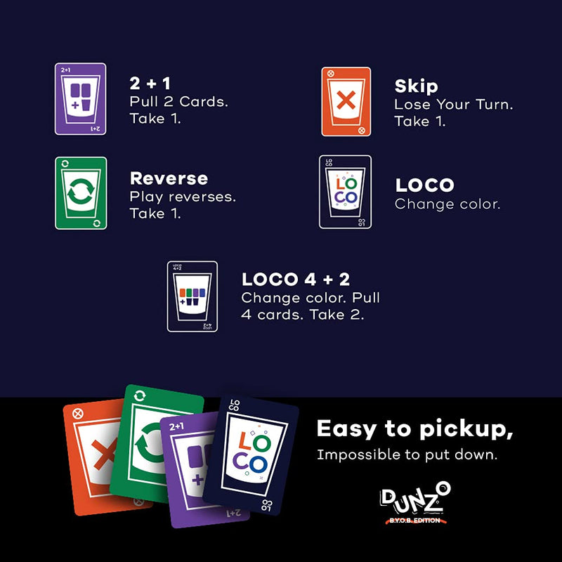 DUNZO (BYOB Edition) - Party Version of Classic Card Game - Draw Two, Skip, Reverse, Get Loco - Fun Games for Family and Friends - Perfect for College Parties, Birthdays, Bachelorettes, or Any Event! - BeesActive Australia