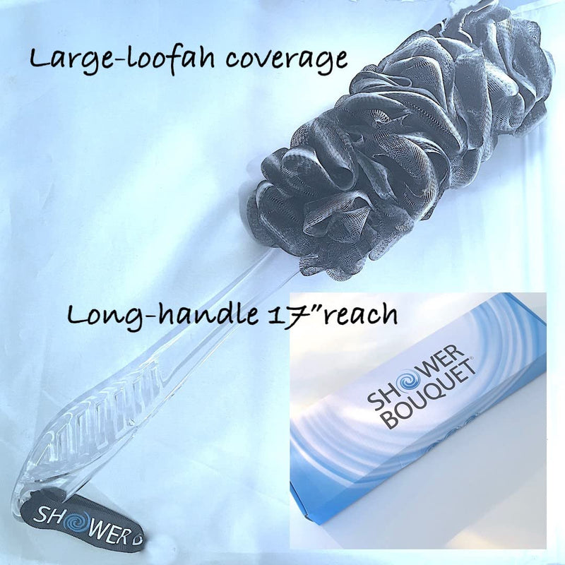 Loofah-Charcoal Back-Scrubber & Bath-Sponges by Shower Bouquet: 1 Long-Handle-Back-Brush Plus 2 Extra Large 75g Soft Mesh Poufs, Men & Women - Exfoliate with Full Pure Cleanse in Bathing Accessories Charcoal Black - BeesActive Australia