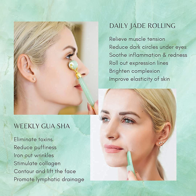 Jade Roller and Gua Sha Facial Massage Valentine's Gift Set for Women - Face Roller and Guasha Stone, Lymphatic Drainage Massager, Superior and Natural, Anti-Ageing Skincare Tools Stunning Jade Set - BeesActive Australia