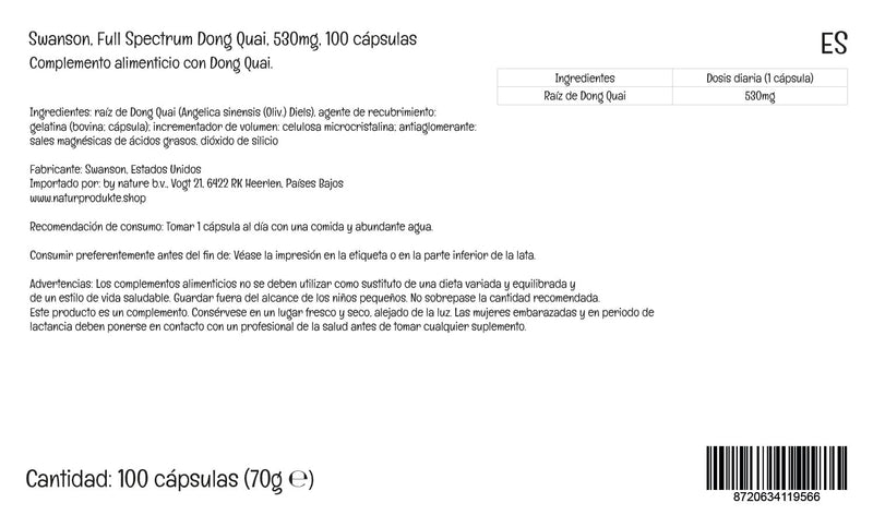 Swanson, Full Spectrum Dong Quai Root, 530mg, 100 Capsules, Lab-Tested, Soy Free, Gluten Free, Non-GMO - BeesActive Australia