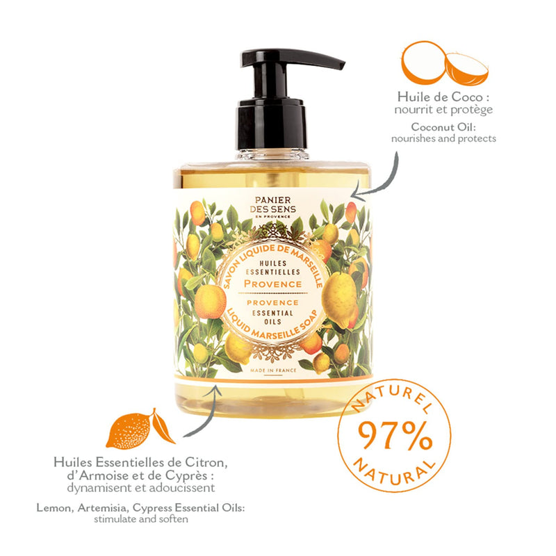 Panier des Sens - Marseille Liquid Hand Soap - Provence Hand Wash - Moisturizing Soap with Coconut Oil - Bathroom & Kitchen Refillable Soap - 97% Natural Ingredients Made in France - 16.9 Fl.oz - BeesActive Australia