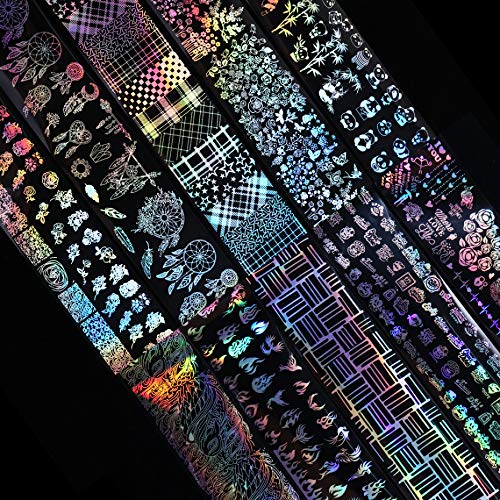 Valuu 10 Rolls Laser Flame Nail Art Foil Transfer Stickers Holographic Panda Lace Nail Foil Adhesive Decals Starry Sky Gradient Manicure Transfer Tips Nail Art DIY Decoration Kit - BeesActive Australia