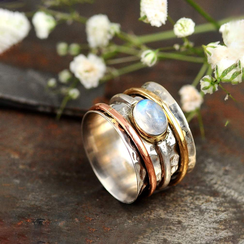 Boho-Magic 925 Sterling Silver Spinner Moonstone Ring for Women with Copper and Brass Fidget Rings Bands 6 - BeesActive Australia