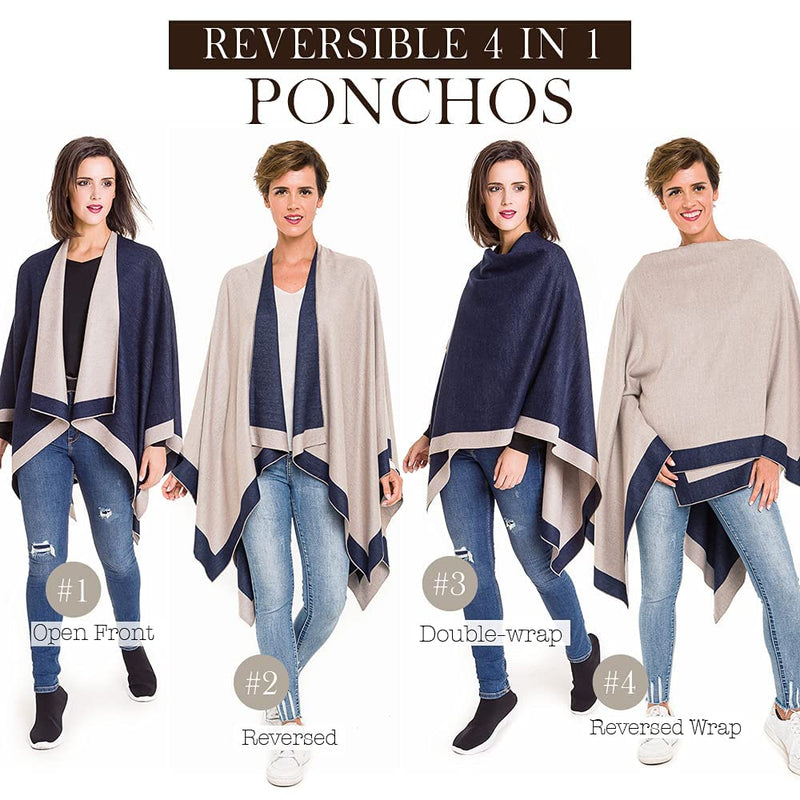 MELIFLUOS DESIGNED IN SPAIN Women's Shawl Wrap Poncho Ruana Cape Cardigan Sweater Open Front for Spring Fall Winter One Size Border Design - Gray Navy - BeesActive Australia