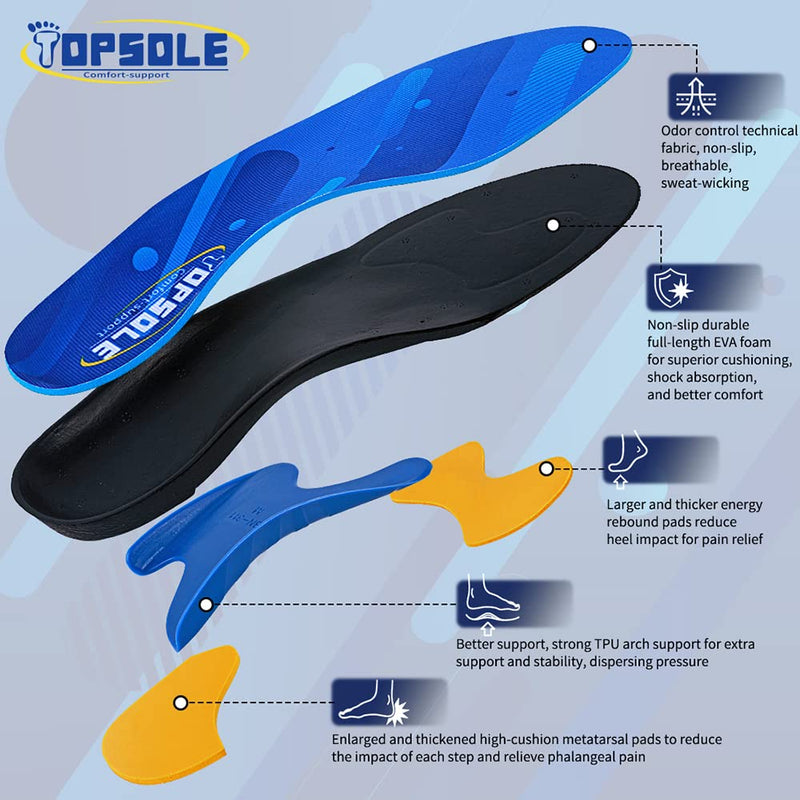 TOPSOLE Orthotic Insoles Plantar Fasciitis Insoles Arch Support Insoles for Flat Feet,Foot Pain, High Arches,OverPronation,Metatarsalgia,Heel Pain, Insoles for Men and Women (UK-8-27cm, Blue) UK-8-27cm - BeesActive Australia