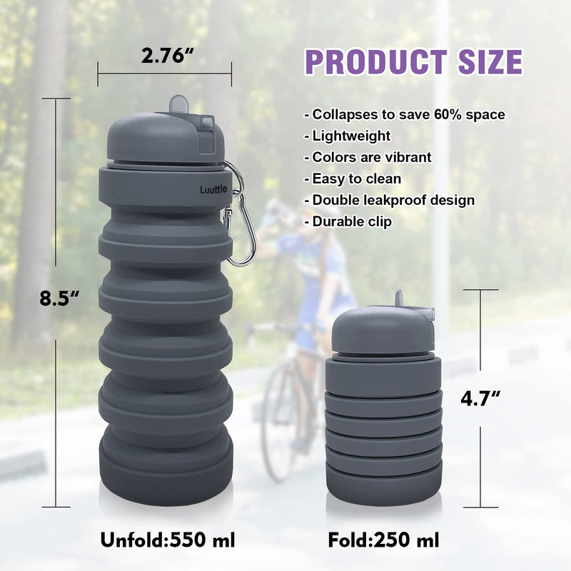 Luuttle Collapsible Silicone Water Bottle - Reuseable Water Bottles for Sports Gym Travel Essentials Camping Hiking Lightweight (551ml) grey - BeesActive Australia