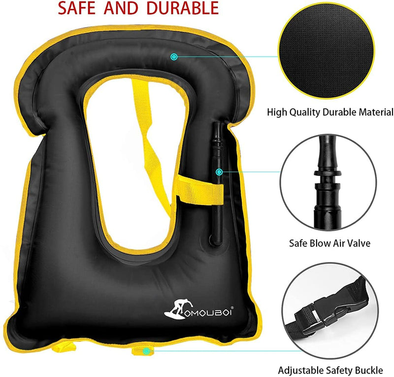 OMOUBOI Snorkel Vest for Adults Swim Vests Inflatable Snorkeling Jackets for Diving, Snorkeling, Swimming Safety (Suitable for 100-220 lbs) Black - BeesActive Australia