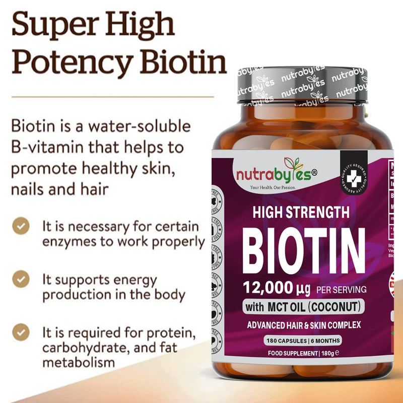 Biotin Hair Growth Supplement 12000mcg enriched with Coconut Oil (MCT) | 180 Vegan Capsules, 6 Months Supply | Hair Growth Supplement Capsules for Men & Women, Healthy Skin, Hair, Nails, Made in UK - BeesActive Australia