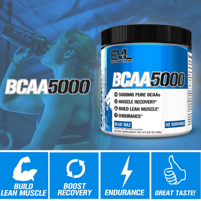 Evlution Nutrition BCAA5000 Powder 5 Grams of Branched Chain Amino Acids (BCAAs) Essential for Performance, Recovery, Endurance, Muscle Building, Keto Friendly, Zero Sugar, 30 Servings (Blue Raz) - BeesActive Australia