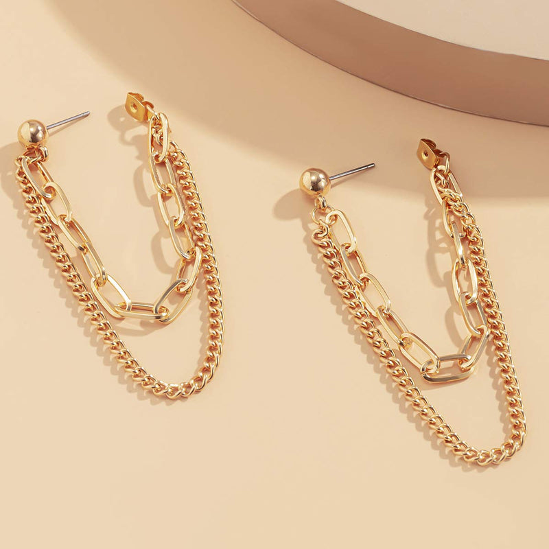 YERTTER Gothic Earring Chain Link Hoop Layered Chain Earring for Women Men Punk Ball Studs Hypoallergenic Jewelry (Gold) Gold - BeesActive Australia