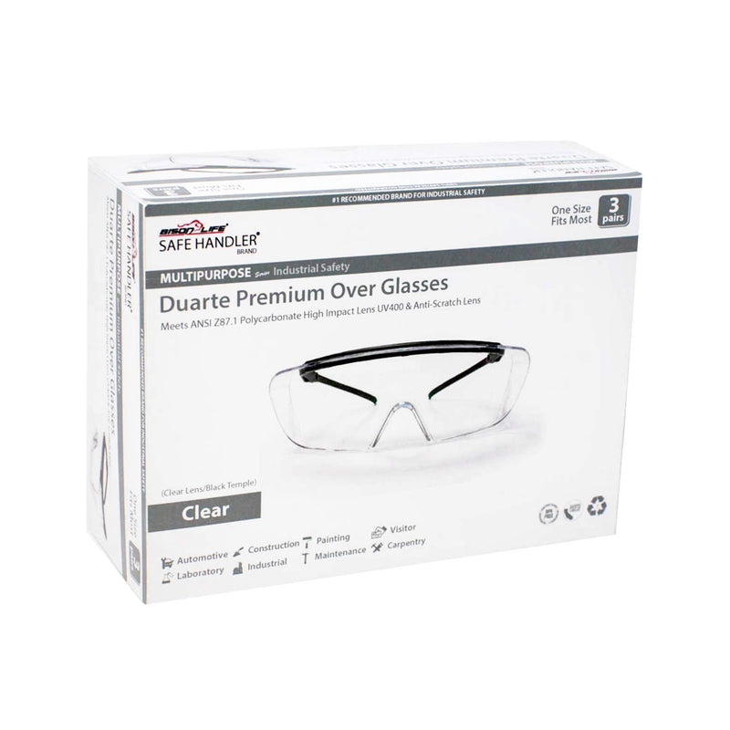 SAFE HANDLER Duarte Premium Over Glasses 3 PAIRS | ANSI Z87.1, Impact Resistant Polycarbonate Lens, UV400, Anti-Fog & Anti-Scratch, Box of 3 - BeesActive Australia