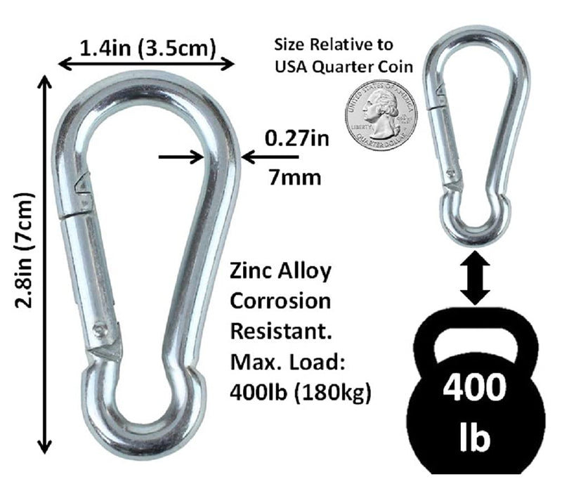 Branded Boards Black & Silver Heavy Duty Bushcraft Zinc-Galvanized Steel Carabiner Spring Snap Clip Link Hooks. 200-400lb Load. 6 Packs, 12 Packs and Variety Packs. Silver-7cm-12 Pack - BeesActive Australia