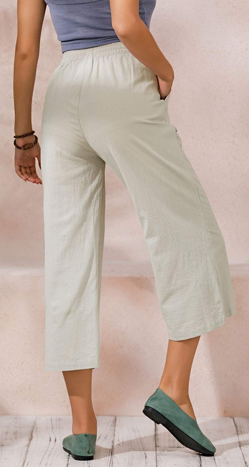ECUPPER Womens Casual Loose Elastic Waist Cotton Trouser Cropped Wide Leg Pants 12-14 Natrual - BeesActive Australia