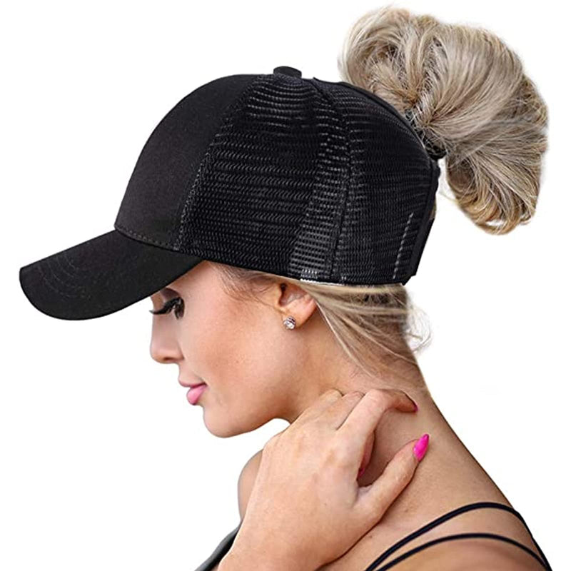 High Ponytail Hole Baseball Hats Cap for Women,Messy Bun Hat Adjustable Cotton and Mesh Trucker Baseball Sun Cap Black-white(w) - BeesActive Australia