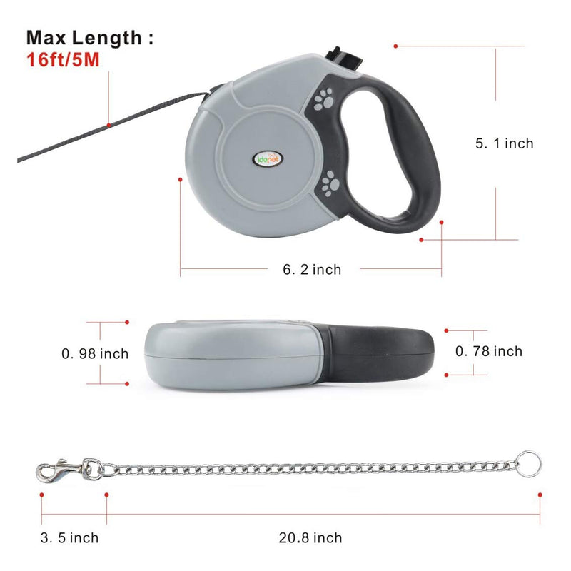 Idepet Heavy Duty Retractable Dog Leash for Small and Medium Dogs, Anti-Chewing Steel Chain 360 Degree Tangle-Free,Break and Lock System,16ft Leash for Dog Walking Grey Flat Rope - BeesActive Australia