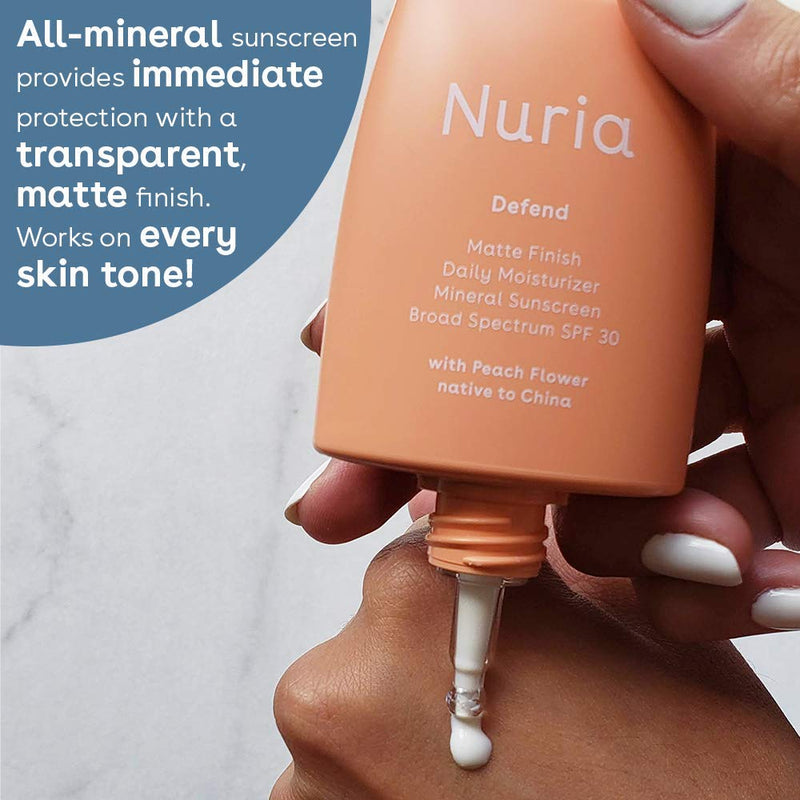 Nuria Beauty | Defend Matte Finish Daily Moisturizer with All-Mineral SPF 30, Broad Spectrum Sunscreen with Peach Flower to Shield & Protect Skin | 25 mL | Clean Beauty, Cruelty-Free & Vegan - BeesActive Australia