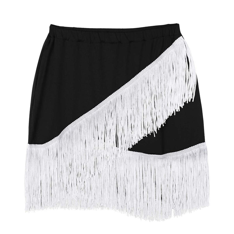 [AUSTRALIA] - dPois Womens Adult Belly Dance Fringe Tassel Skorts Mini Skirts Ballroom Samba Tango Dance Dress Dancewear Costume Black&white X-Large 