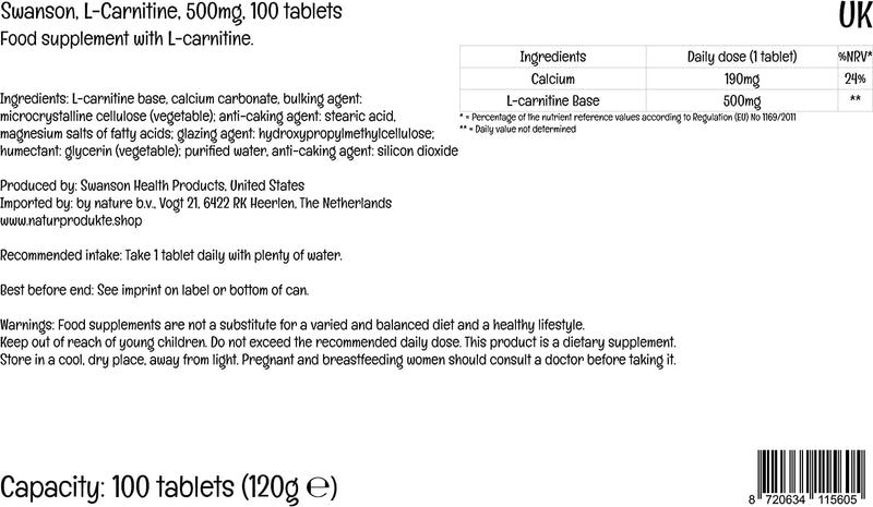 Swanson, L-Carnitine (L-Carnitine-Base), 500mg, 100 Vegan Tablets, High-Dose, Lab-Tested, Vegetarian, Soy-Free, Gluten-Free, Non-GMO - BeesActive Australia