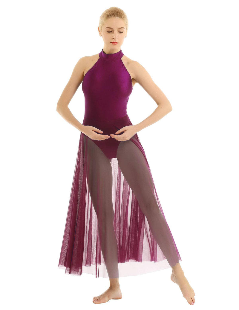 [AUSTRALIA] - dPois Womens Adult Mock Neck Sleeveless Lyrical Ballet Dance Camisole Leotard Tulle Mesh Dress Dancewear Costume XX-Large(Bust: 35.0"/88cm) Burgundy 