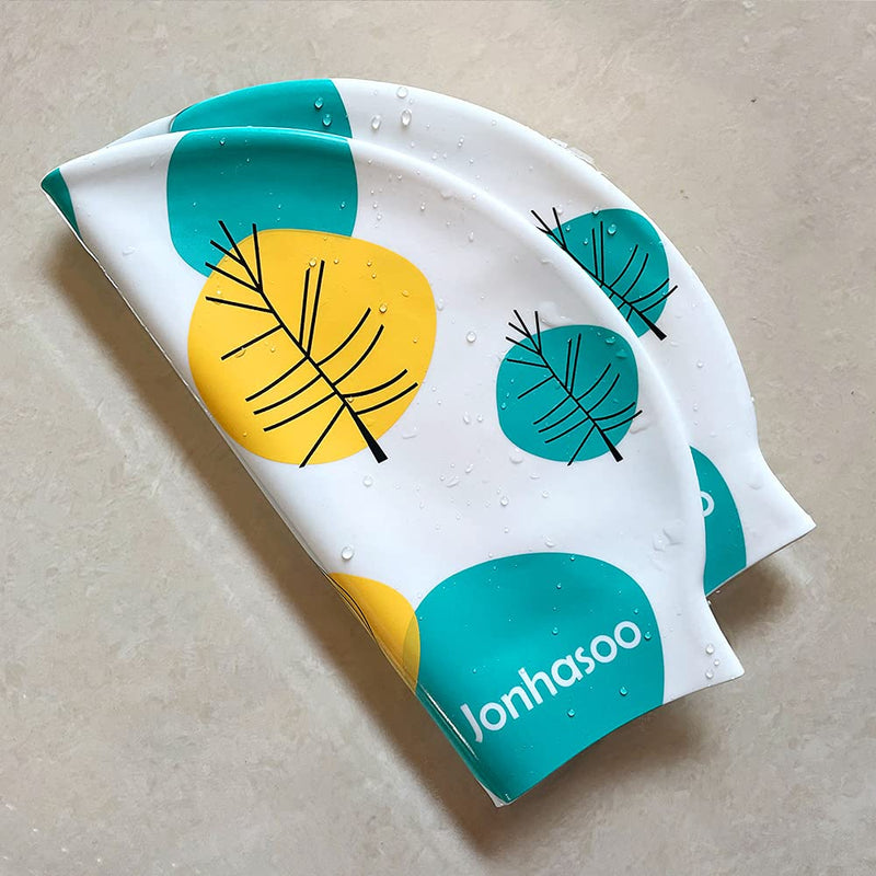 Jonhasoo Silicone Swim Cap for Women, Waterproof Swimming Caps with LeafPrinted White - BeesActive Australia