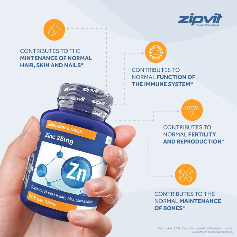 Zinc 25mg, 360 Vegan Tablets. Hair, Skin & Nails. Supports The Immune System, Bone Health & Cognitive Function - BeesActive Australia