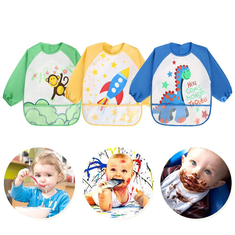 Vicloon Sleeve Bibs,Set of 3 Waterproof Long Sleeve Baby Bib for Kids Feeding Arts Craft Painting Apron Front Pocket Children 24months - BeesActive Australia