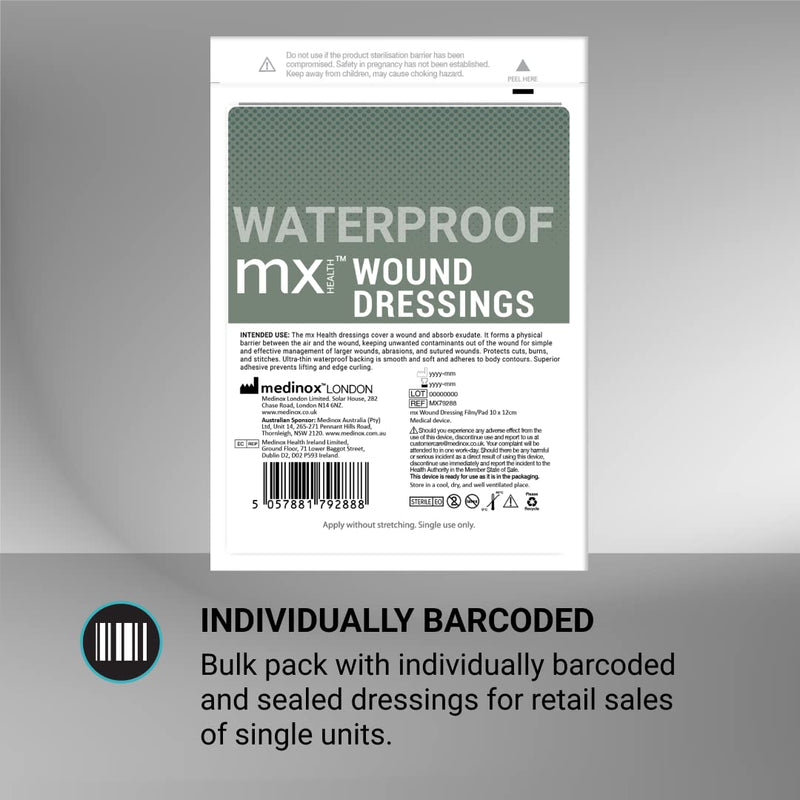 mx HEALTH Waterproof Wound Dressing Film+PAD - 10X12CM (5X6CM Wound PAD) - 25 Individually Wrapped DRESSINGS PER Box - BeesActive Australia