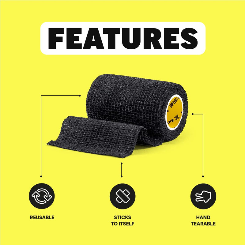 6 Rolls SPORTTAPE Self-Adhesive Football Sock Tape | 7.5cm x 4.5m - Black | Cohesive Bandage - Pet & Vet Wrap for Dogs & Horses | Compression Bandage, Shin Pad Tape, Football Ankle Tape 7.5x450 cm (Pack of 6) - BeesActive Australia