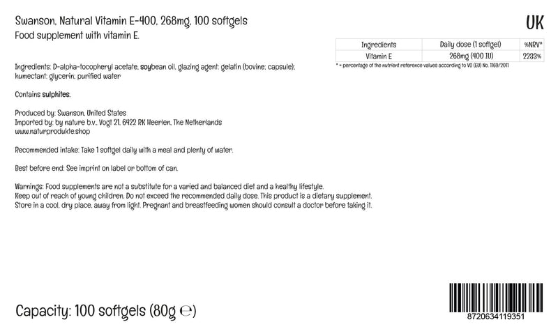 Swanson, Natural E-400, High Dose Vitamin E, 400 IU, 100 Softgels, Lab-Tested, Gluten Free, Non-GMO - BeesActive Australia
