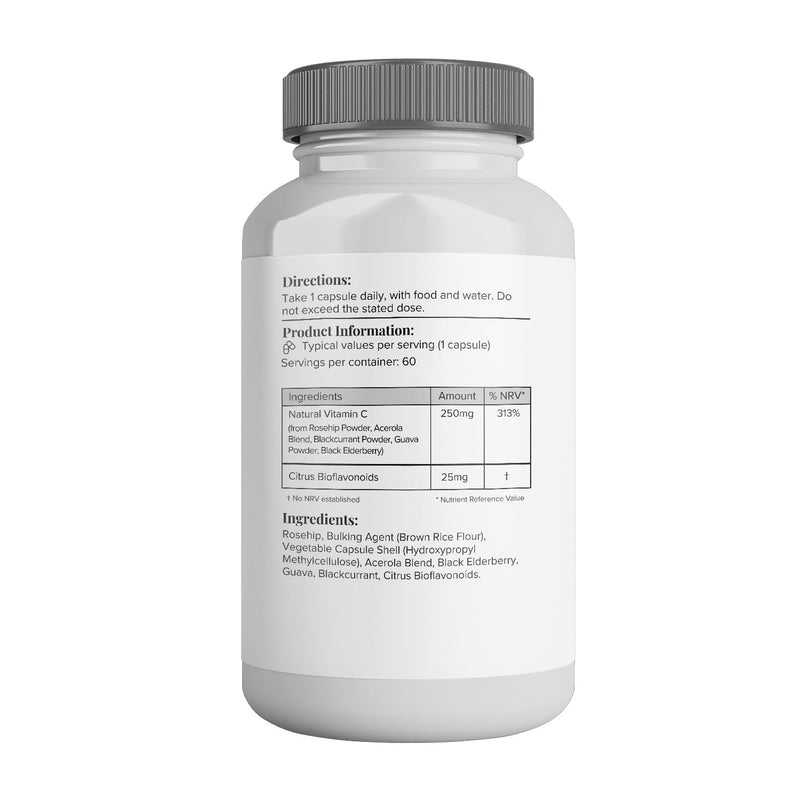 Hey Nutrition Natural Vitamin C 250mg Complex from Rosehip, Acerola, Blackcurrant, Guava, and Elderberry - Immune Function, Stress, Metabolic Health, & Fatigue - Non-GMO, 60 Vegan Capsules - BeesActive Australia