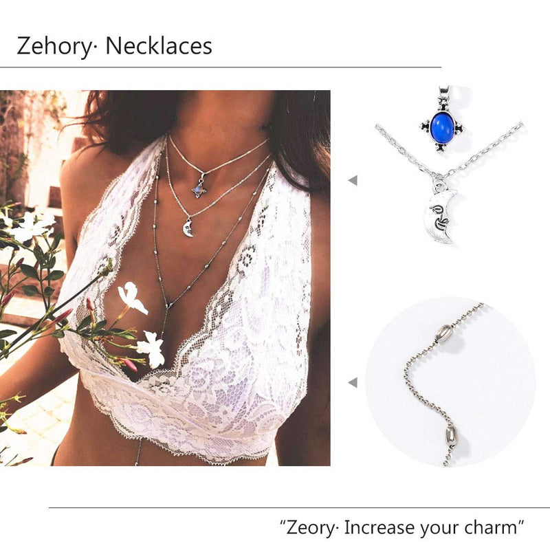 Zehory Boho Layered Moon Necklace Silver Long Tassel Pendant Necklaces Beach Sea Turtle Beaded Chain Jewelry for Women and Girls - BeesActive Australia