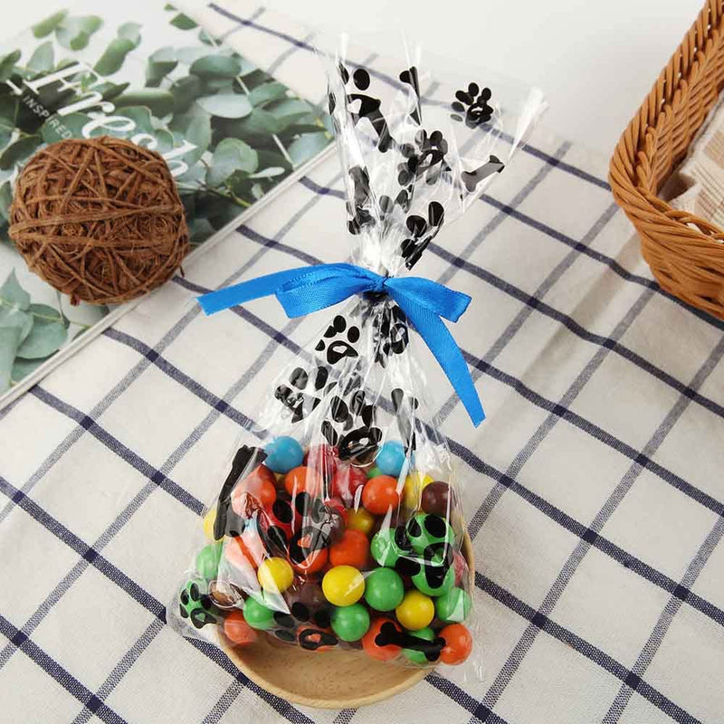 Mosoisy 100 Pack Paw Print Clear Plastic Cellophane Bags - Dog Paw Treat Bags 10.5X5" With Ribbon and Twist Ties Dog Gift Bags Candy Bags Cookie Bags Treat Bags with Ties and Ribbon Cellophane Treat Bags for Dog Party Favor and Supplies - BeesActive Australia