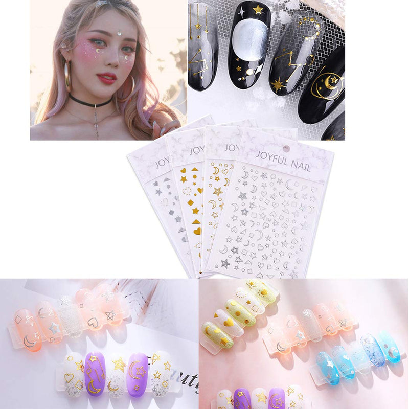 SIPLIV Metal Nail Art Rivet Stripe Heart Hollow Out Star Moon Floral Plants Rivet Nail Art DIY Decoration (6 Boxes) with A Nail Art Star Moon Stickers (4 Pcs) - Gold Gold - 6pcs - BeesActive Australia