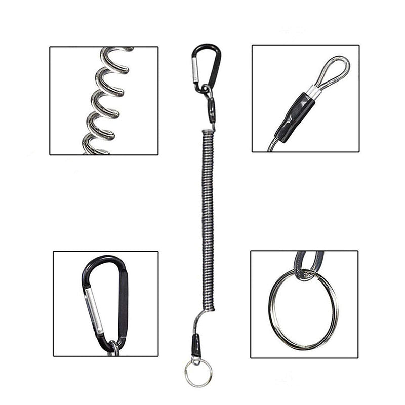 LAIBOREC Fishing Tool Lanyard, Retractable Safety Wire Coiled Tether 7PCS Finishing Ropes Accessories with Carabiner and Split Ring for Pliers Lip Grips Tackle, Boating, Kayak (Black) - BeesActive Australia