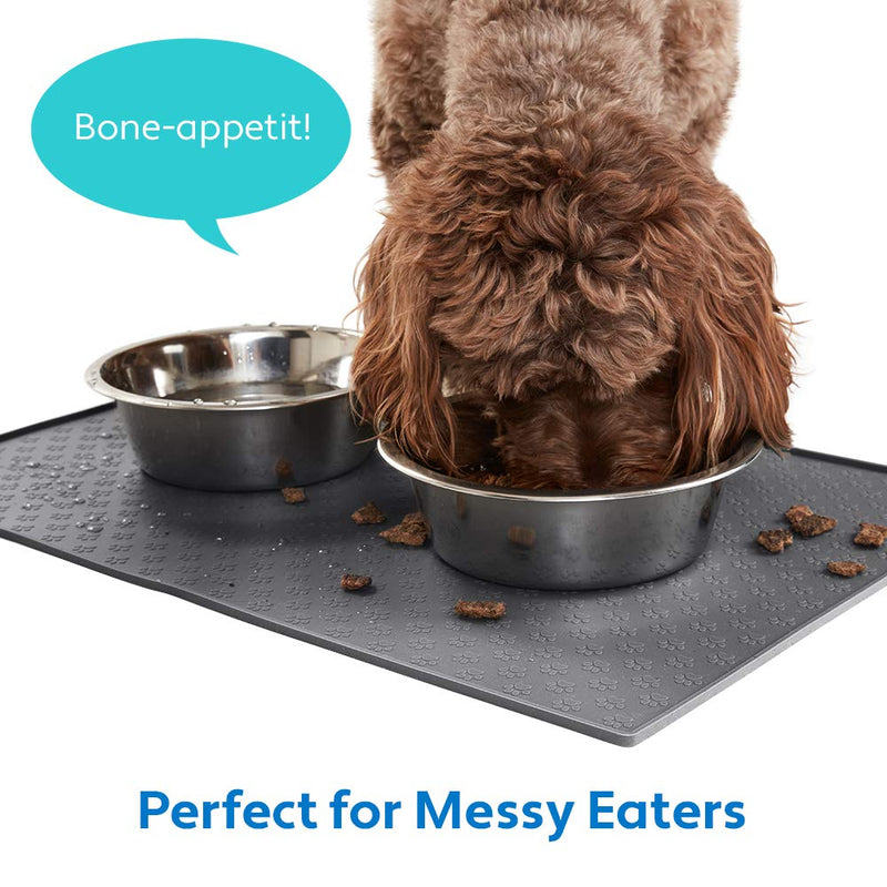 MIGHTY MONKEY Silicone Pet Feeding Mat, Waterproof Placemat for Dog and Cat Bowls, Raised Edges, Prevent Water Spills and Food Messes on Floor, Paw Print Tray Mats, Dishwasher Safe 18x12 Inch (Pack of 1) Gray - BeesActive Australia