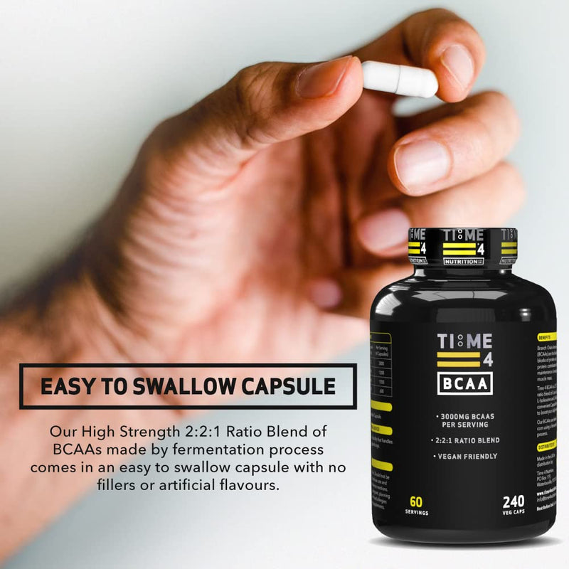 Time 4 BCAA - 240 Capsules High Strength Branch Chain Amino Acids Made By Fermentation Process for Muscle Growth, Tissue Repairing, & Energy Production Vegan BCAA Capsules Not BCAA Amino Acids Tablets - BeesActive Australia