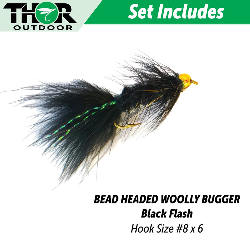 Thor Outdoor BH Woolly Bugger Streamer Fly - 6 Pc Fly Fishing Set – 1/2 Dozen Wet Flies for Trout, Panfish, and Bass Black Flash - Size #8 - BeesActive Australia